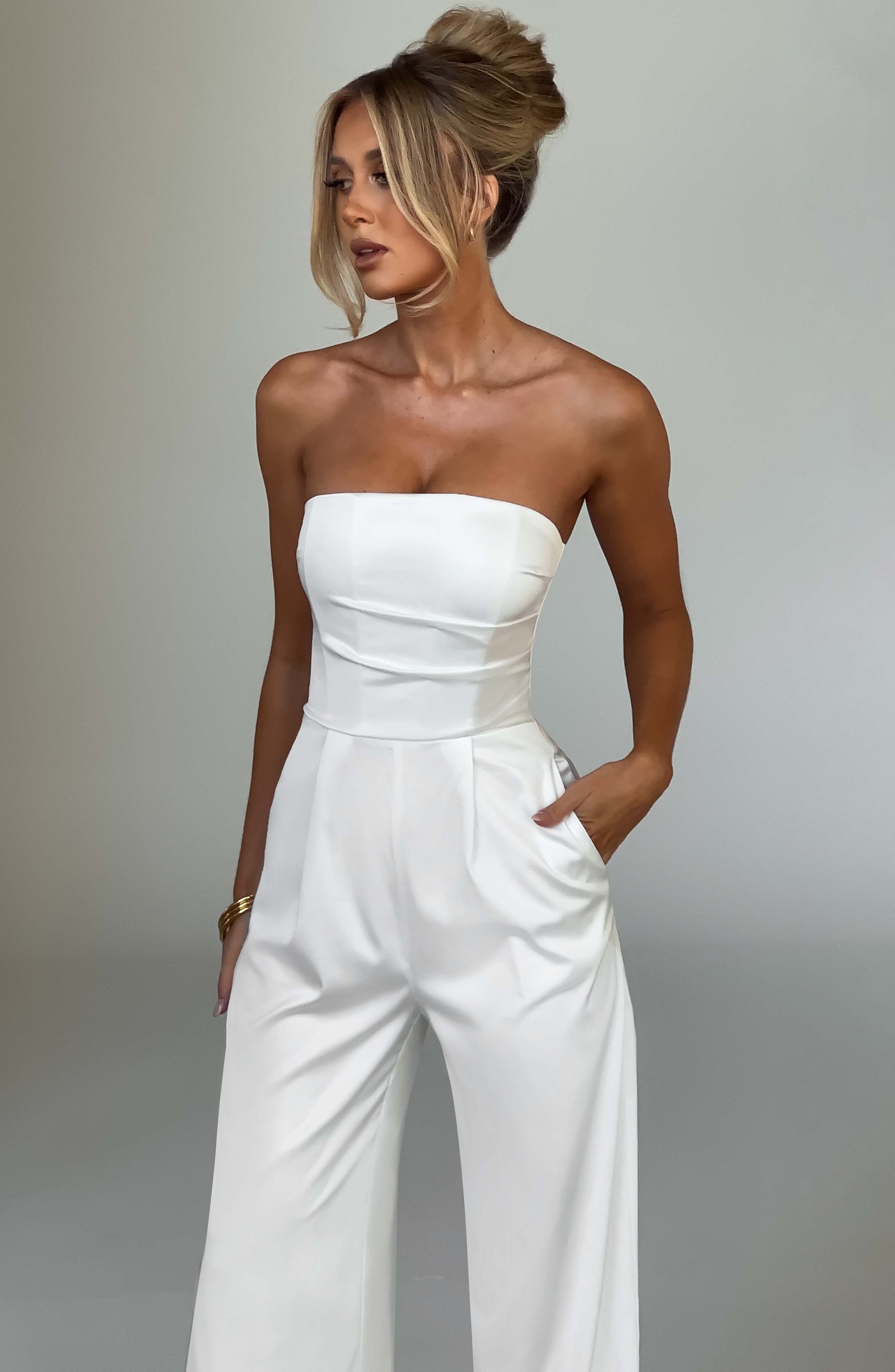 Martinez Ivory Strapless Satin Jumpsuit with Pockets