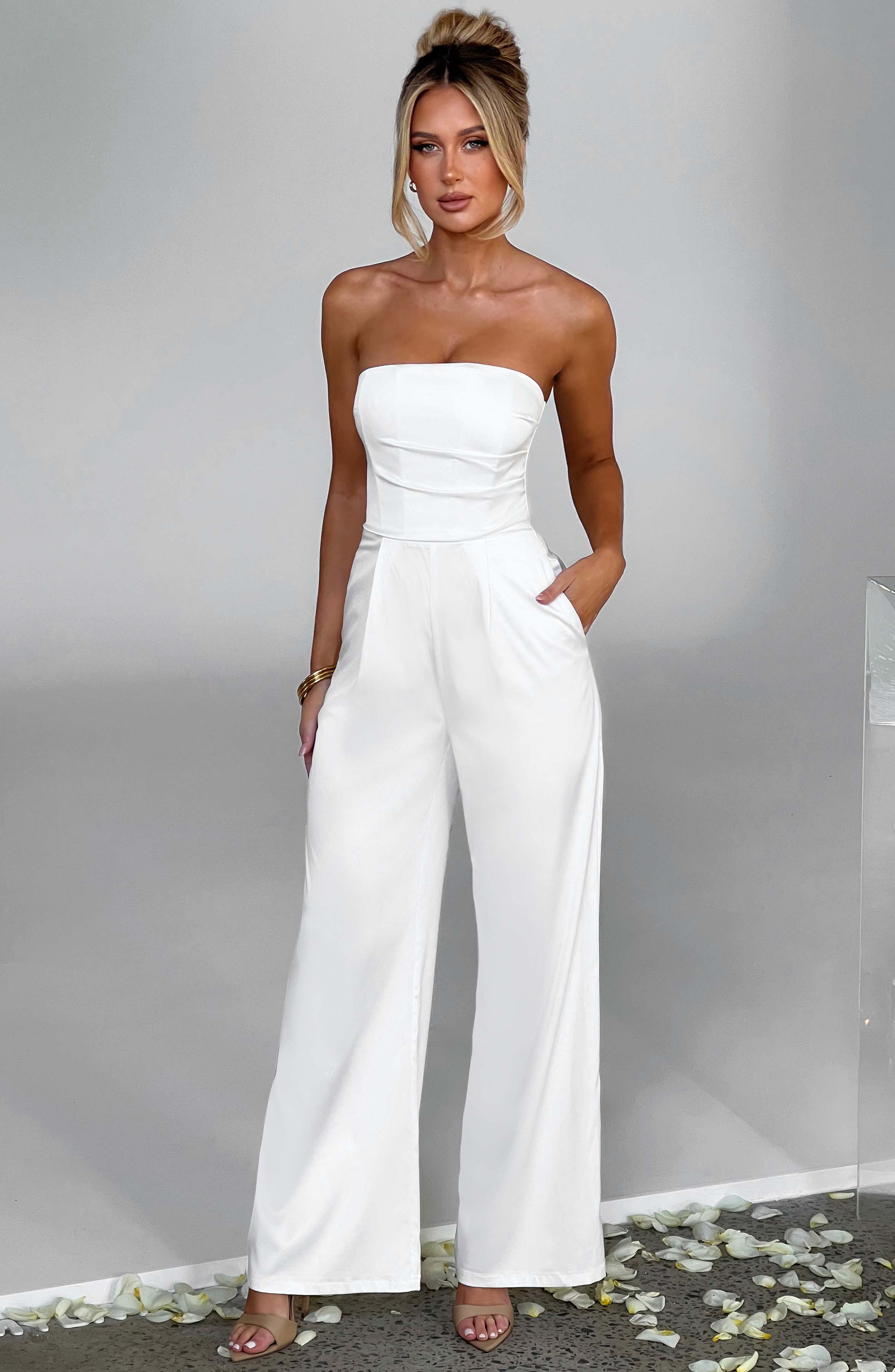 Martinez Ivory Strapless Satin Jumpsuit with Pockets