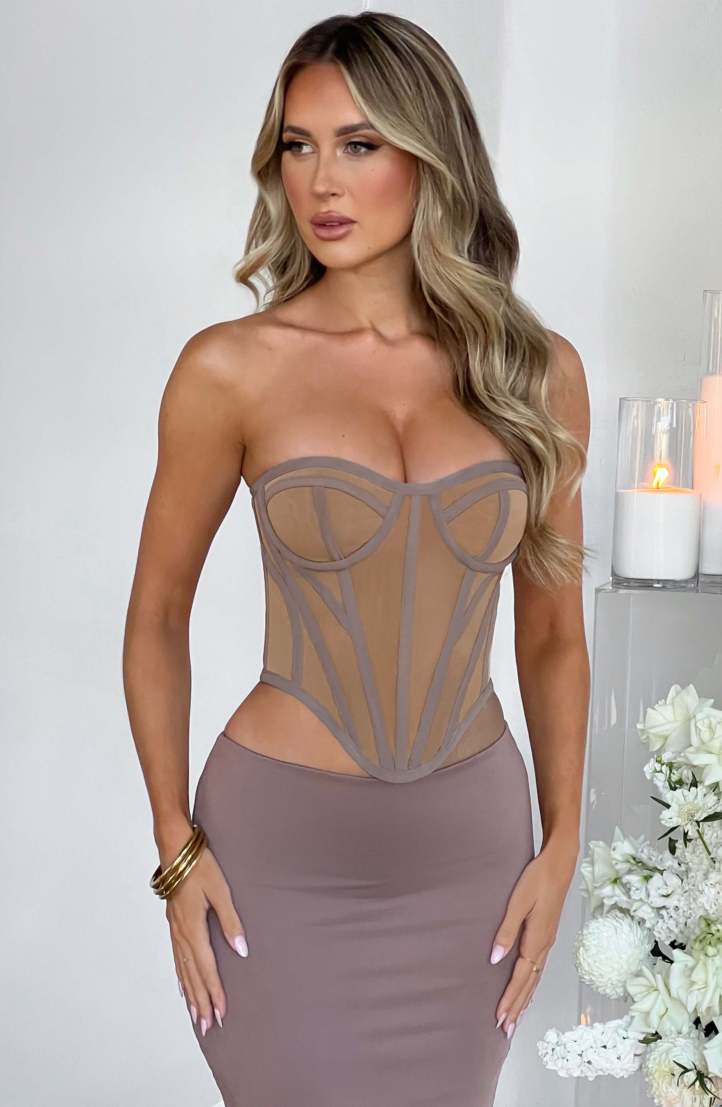Santanna Mesh Corset - Chocolate Nude Boned Waist Sculpting