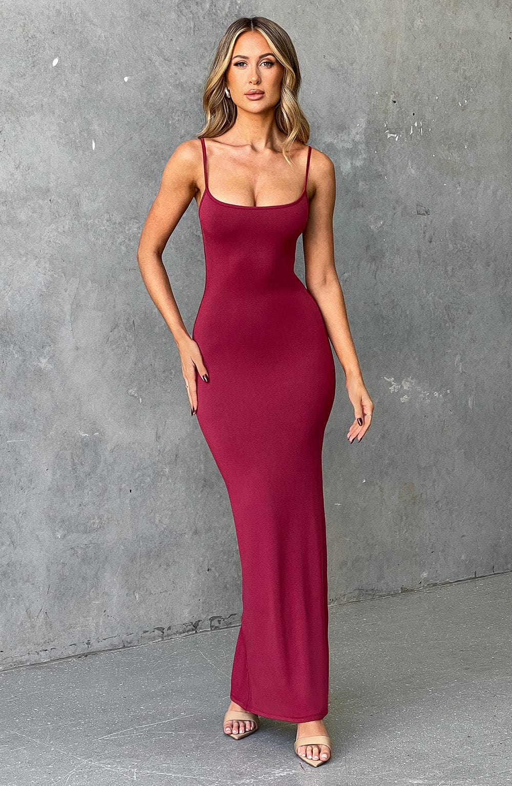 Saskia Scoop Neck Maxi Dress in Cherry - Double-Lined & Form-Fitting