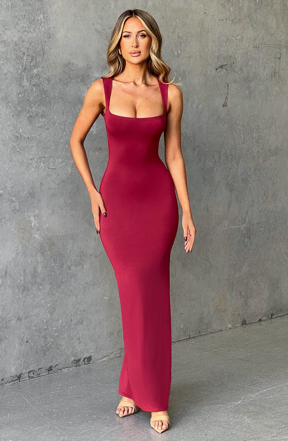 Hadley Maxi Dress in Cherry - Double-Lined Stretchy Square Neck