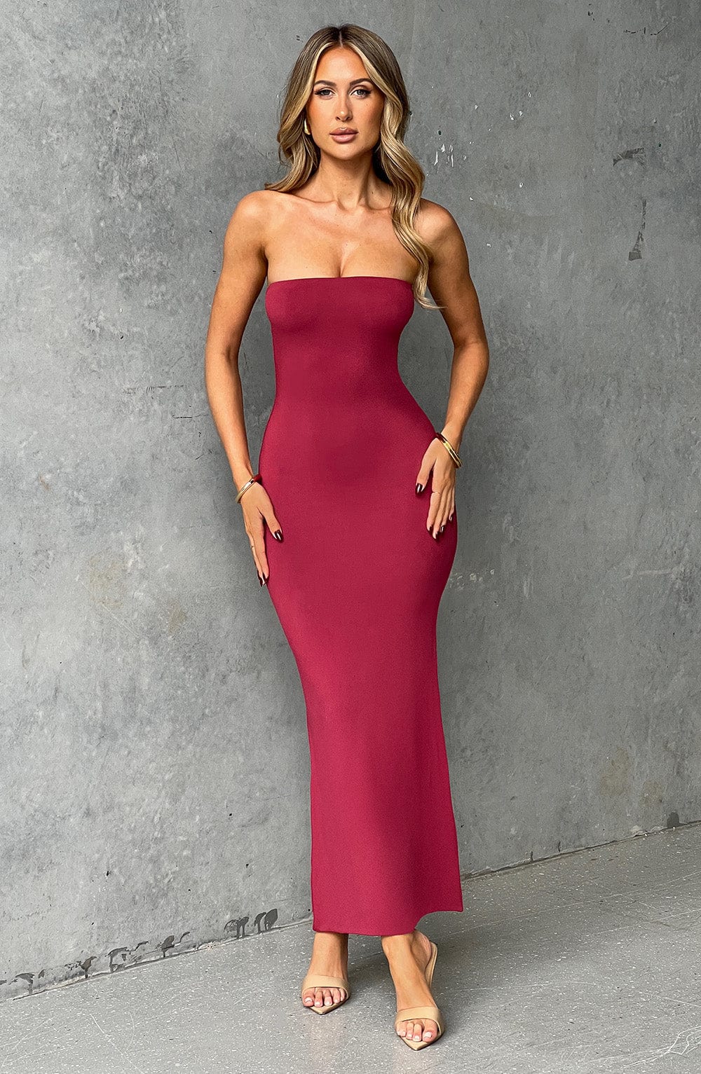 Emery Strapless Midi Dress in Cherry - Soft Modal Fit & Flare