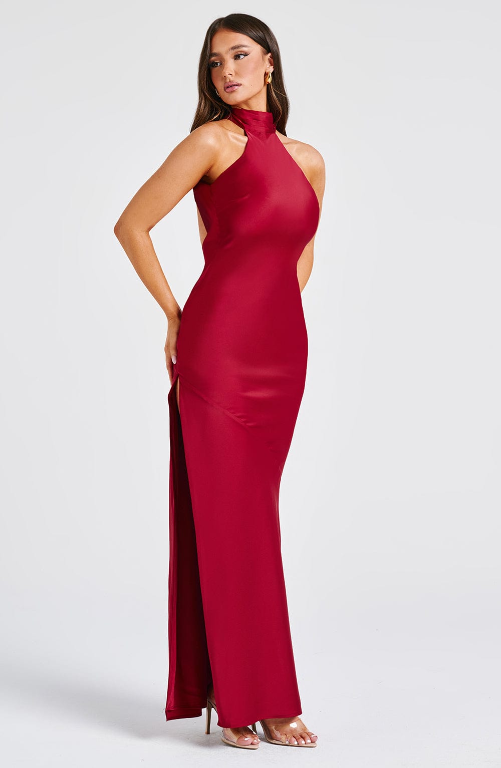Etta Satin Backless Maxi Dress in Wine | Luxe Bias Cut Evening Gown