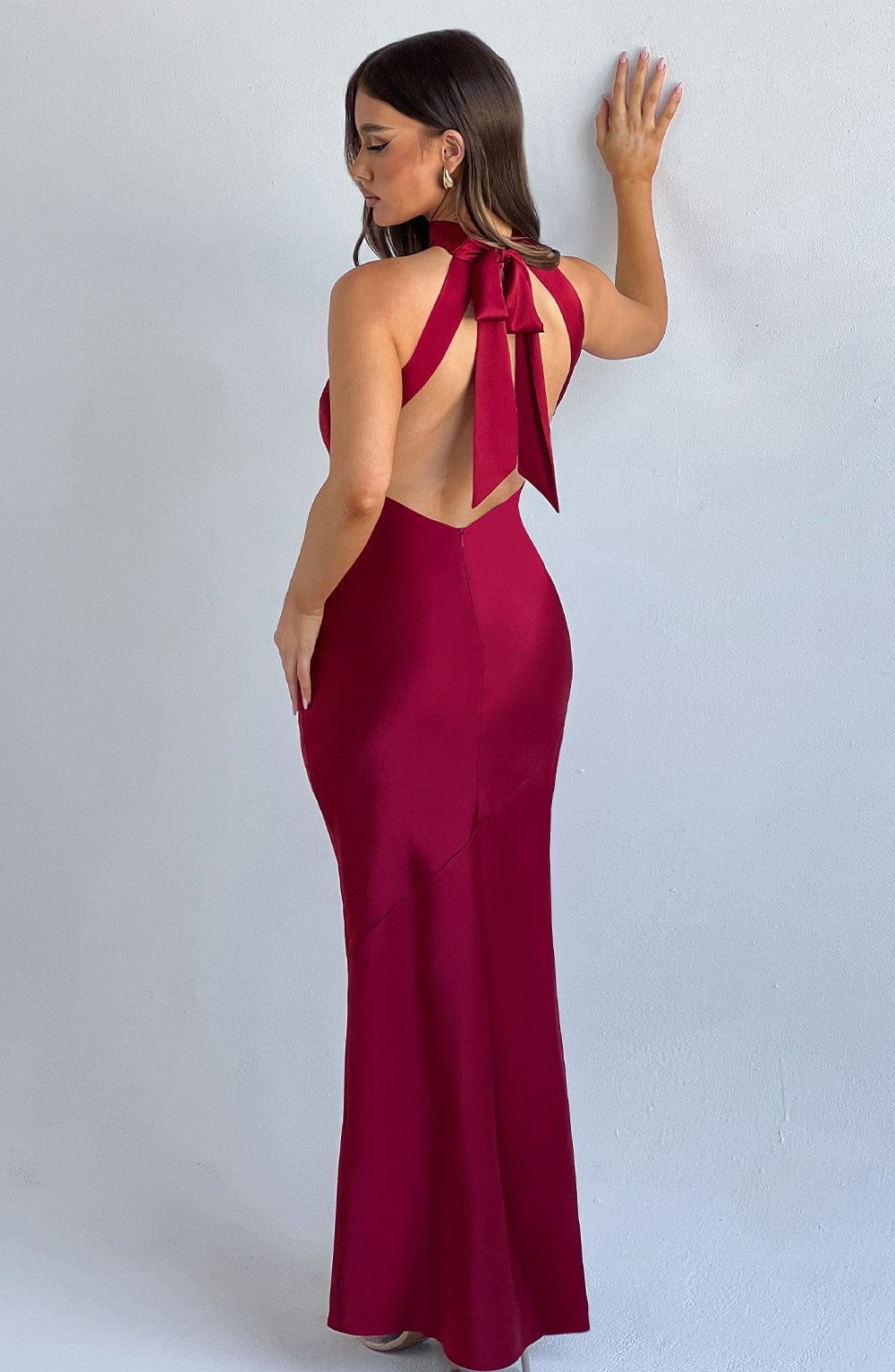 Etta Satin Backless Maxi Dress in Wine | Luxe Bias Cut Evening Gown