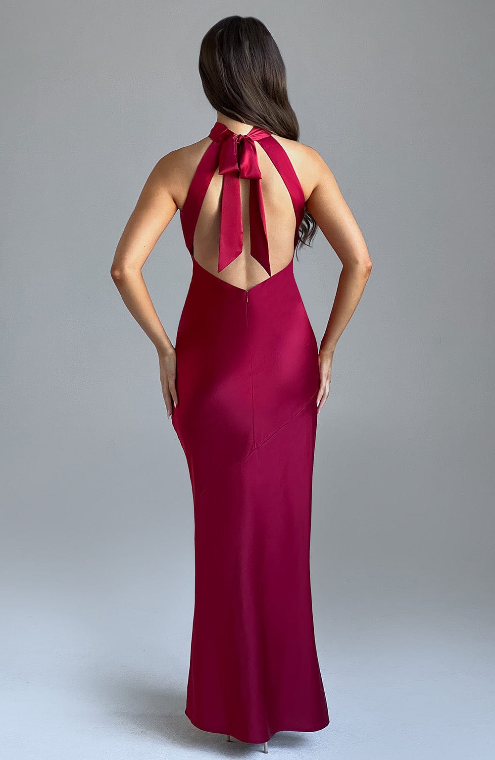 Etta Satin Backless Maxi Dress in Wine | Luxe Bias Cut Evening Gown