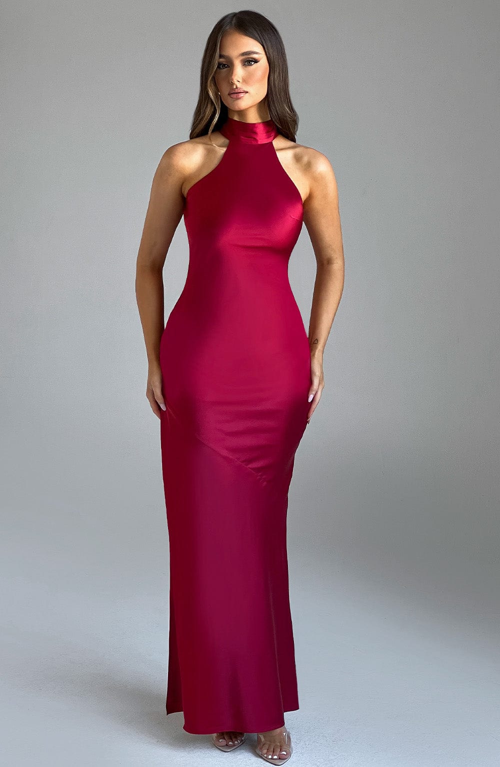 Etta Satin Backless Maxi Dress in Wine | Luxe Bias Cut Evening Gown