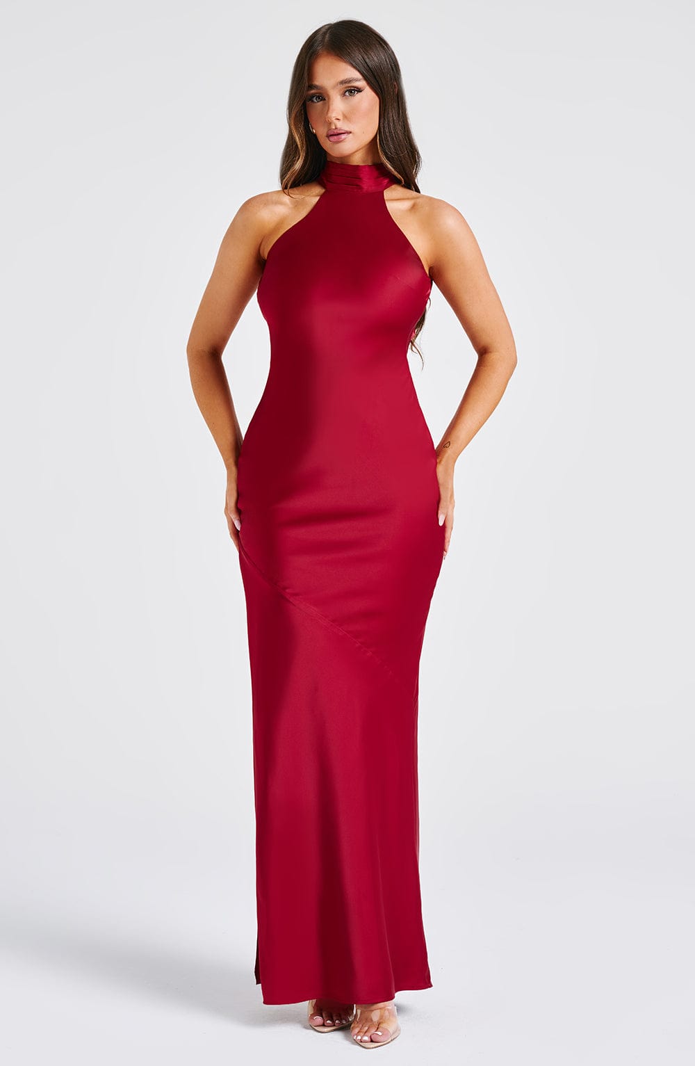 Etta Satin Backless Maxi Dress in Wine | Luxe Bias Cut Evening Gown