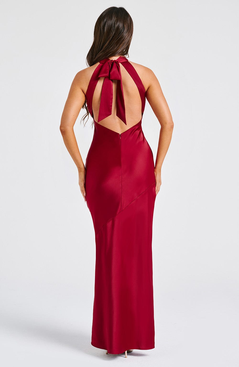 Etta Satin Backless Maxi Dress in Wine | Luxe Bias Cut Evening Gown