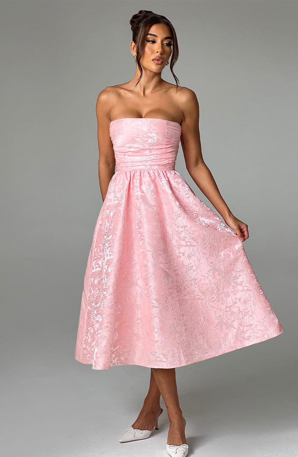 Floral Jacquard Saoirse Midi Dress with Lace-Up Back - Blush