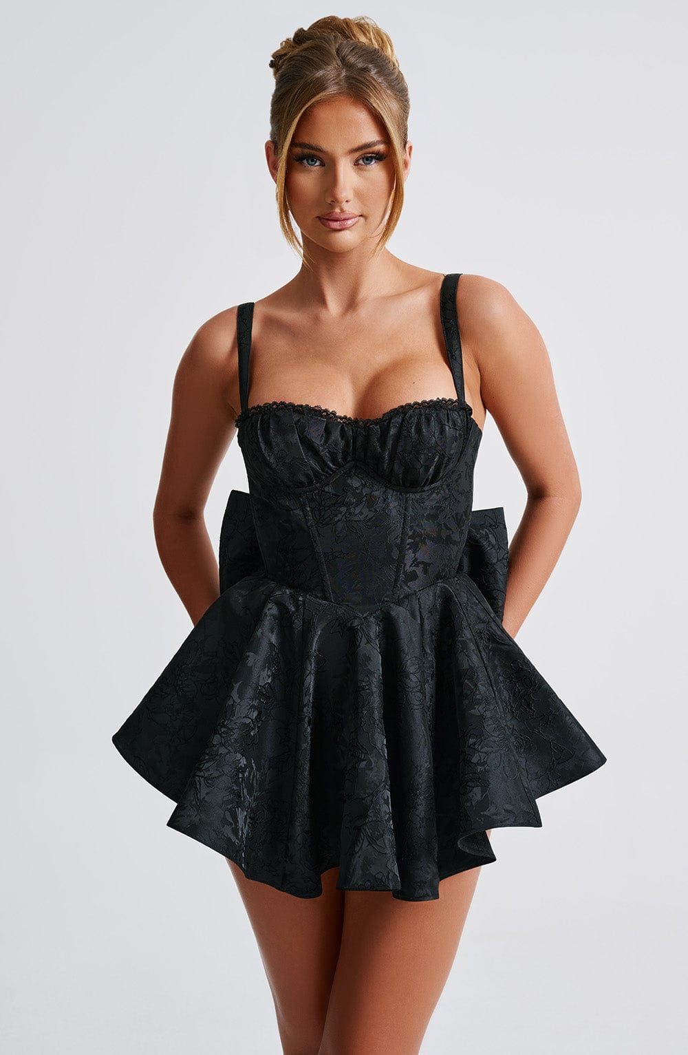 Emelie Black Floral Jacquard Playsuit with Removable Bow