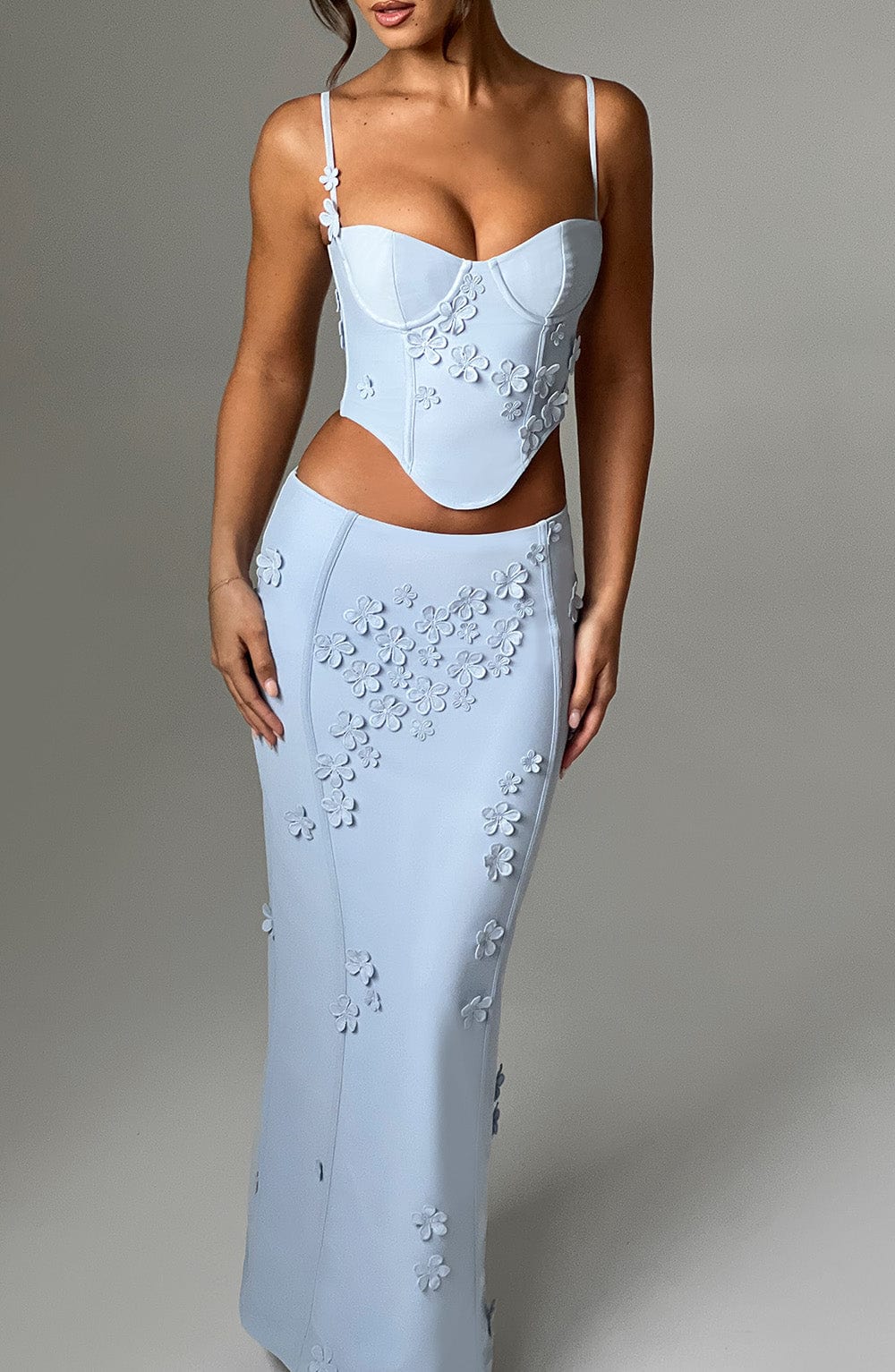 Dalary Blue Maxi Skirt with 3D Flower Appliques - Stretch Mesh