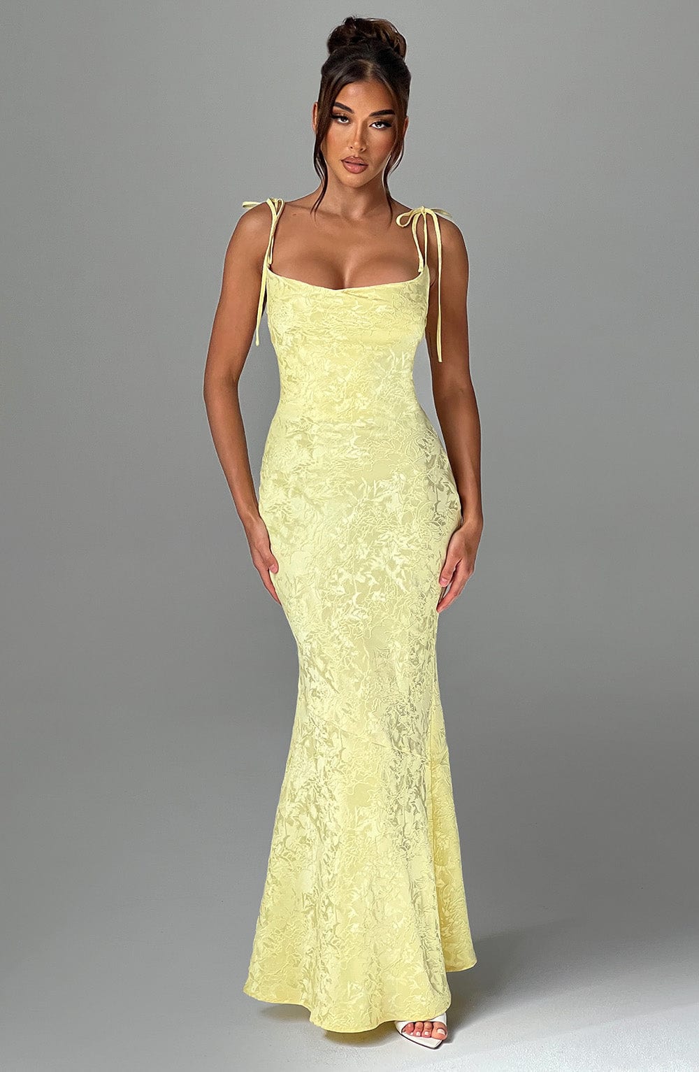Lemon Floral Jacquard Whitney Maxi Dress with Lace Up Back