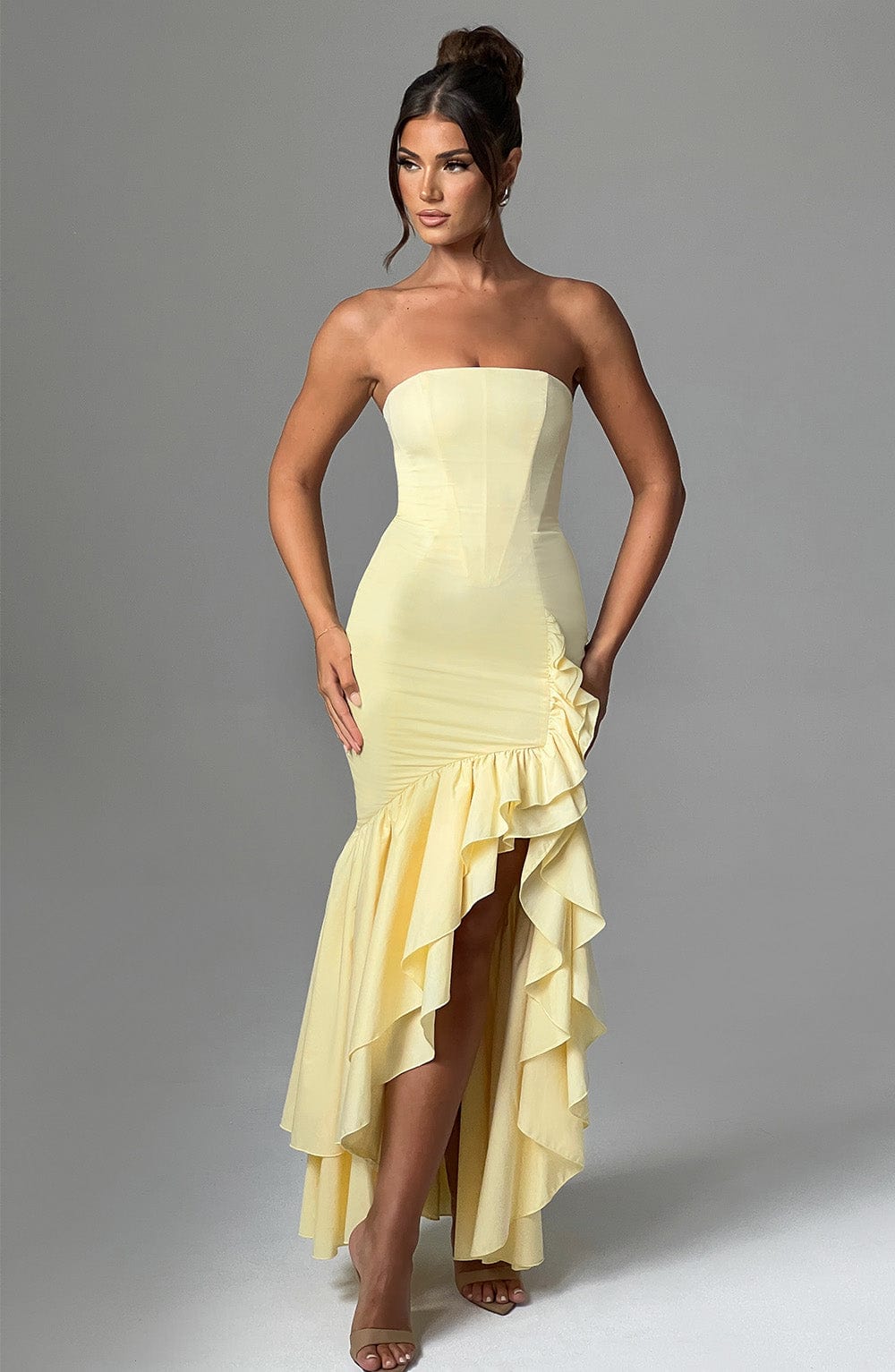 Angelina Strapless Maxi Dress in Lemon with Frilled Skirt