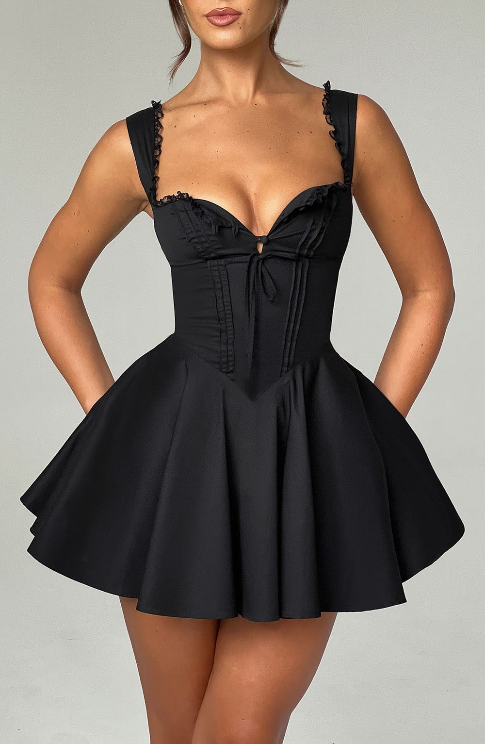 Black Antonella Mini Dress with Adjustable Straps & Lace-Up Back
