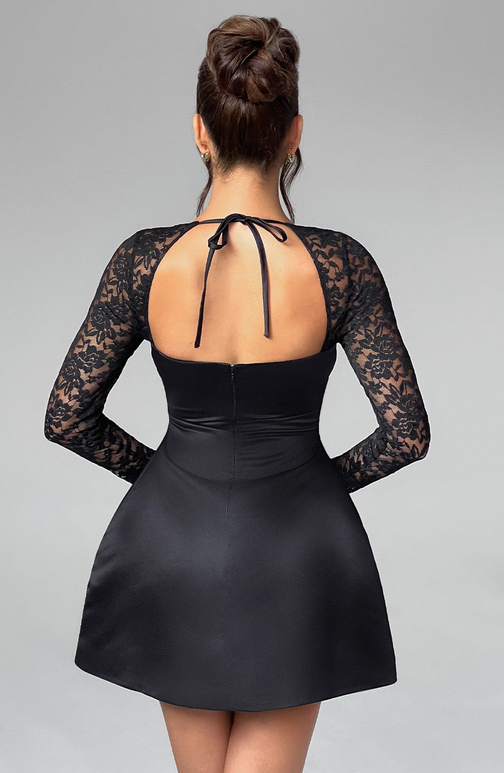 Black Satin Sadie Mini Dress with Lace Sleeves & Bubble Skirt