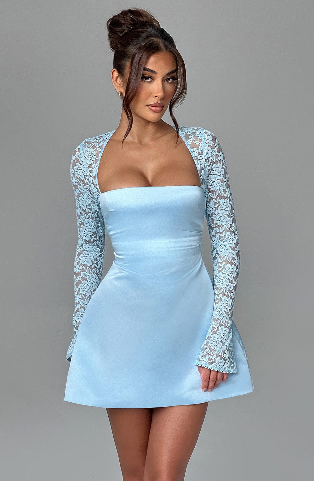 Blue Satin Sadie Mini Dress with Lace Sleeves & Bubble Skirt