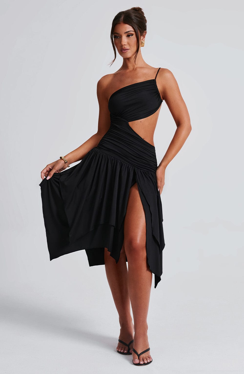 Emeline Black One Shoulder Midi Dress with Cut Out Detail