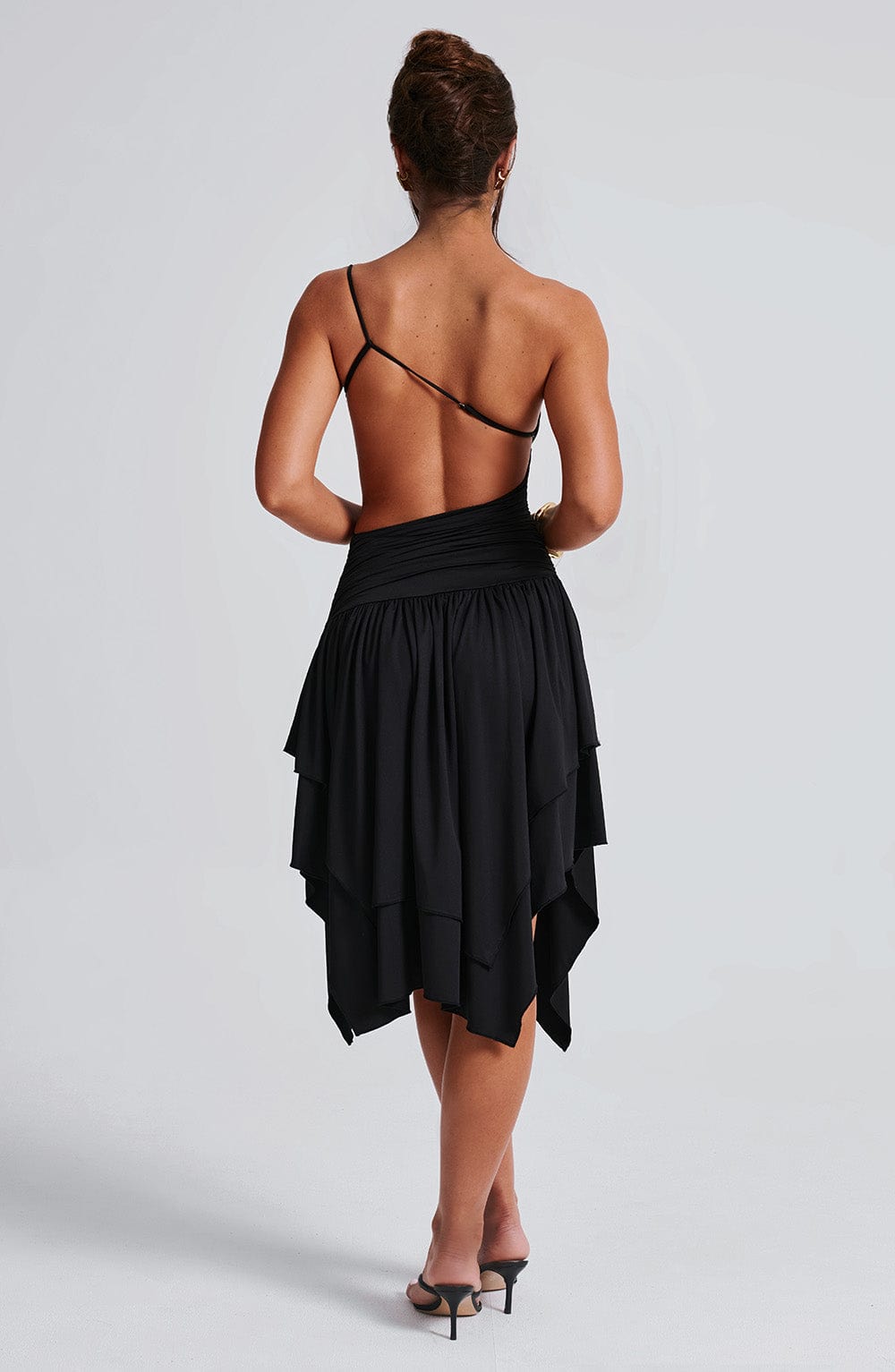 Emeline Black One Shoulder Midi Dress with Cut Out Detail