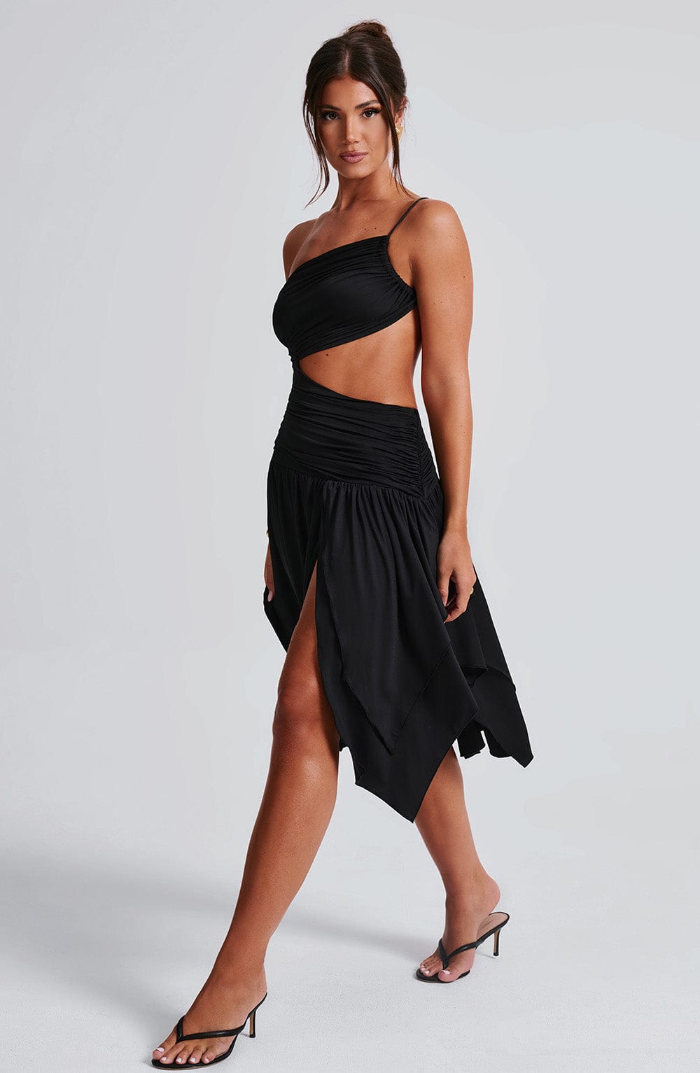 Emeline Black One Shoulder Midi Dress with Cut Out Detail