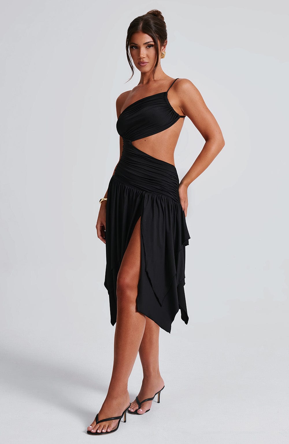 Emeline Black One Shoulder Midi Dress with Cut Out Detail
