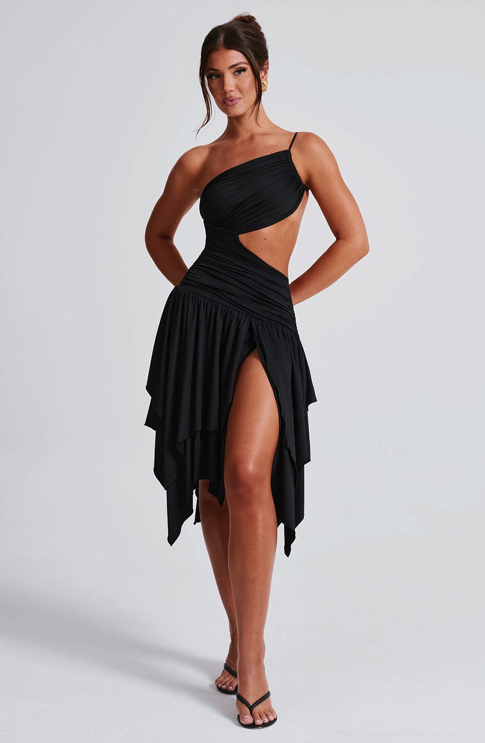 Emeline Black One Shoulder Midi Dress with Cut Out Detail