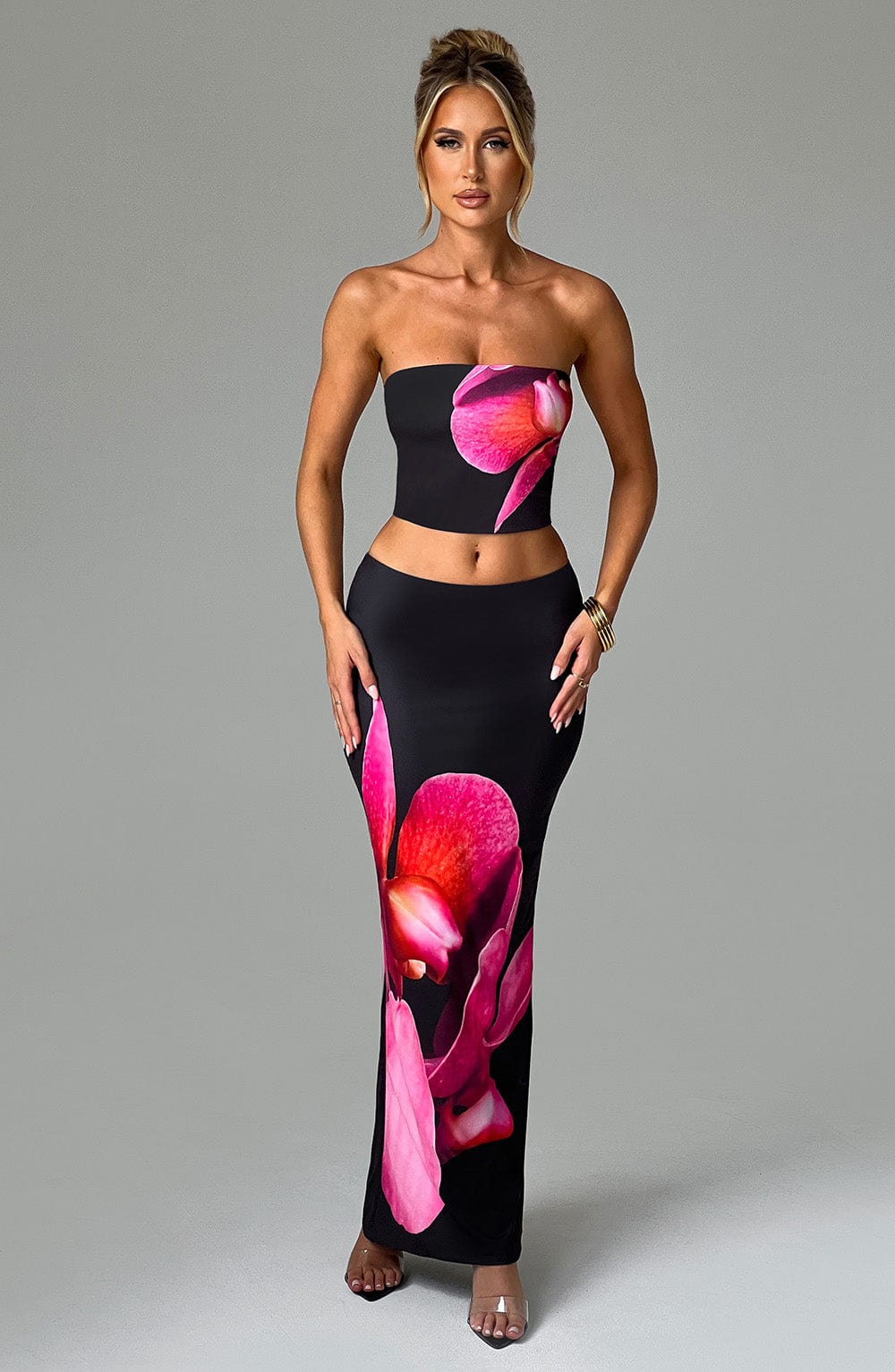 Black Floral Print Maxi Skirt - Allegra Premium Jersey with Dipped Waist