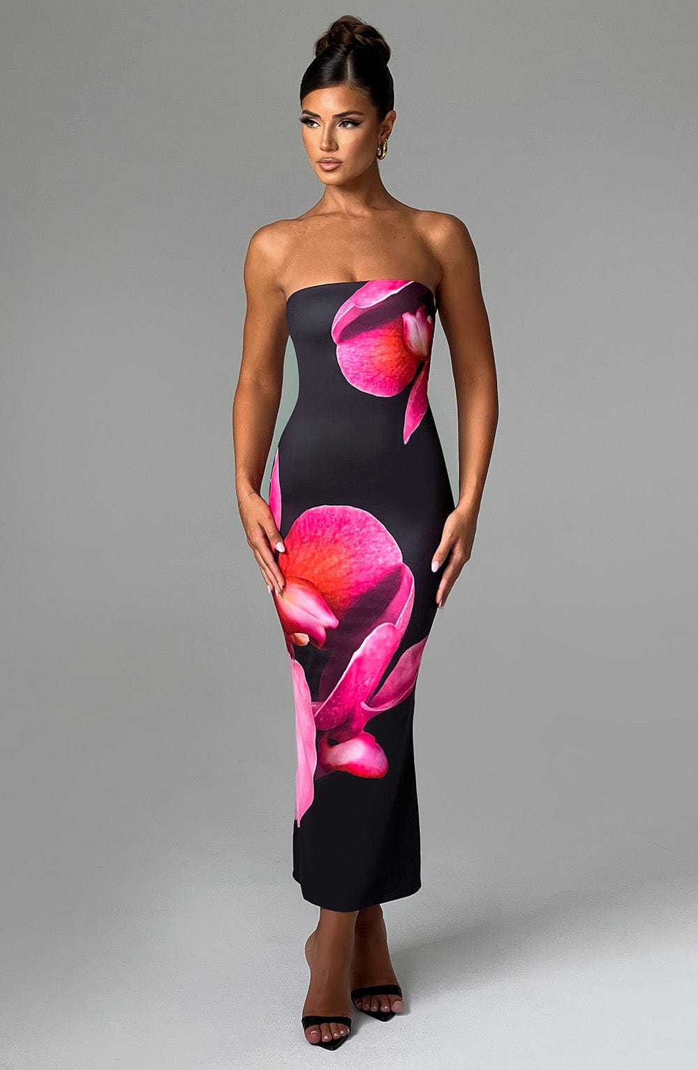 Allegra Strapless Floral Midi Dress - Black Bodycon Fit