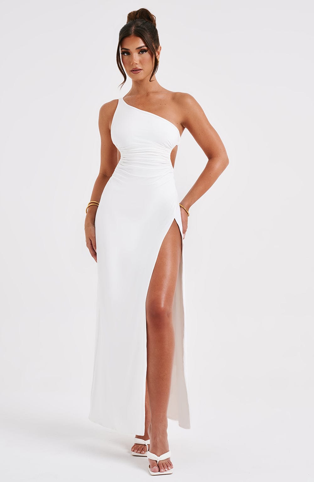 Alecia White Maxi Dress with Low Back & Thigh Split