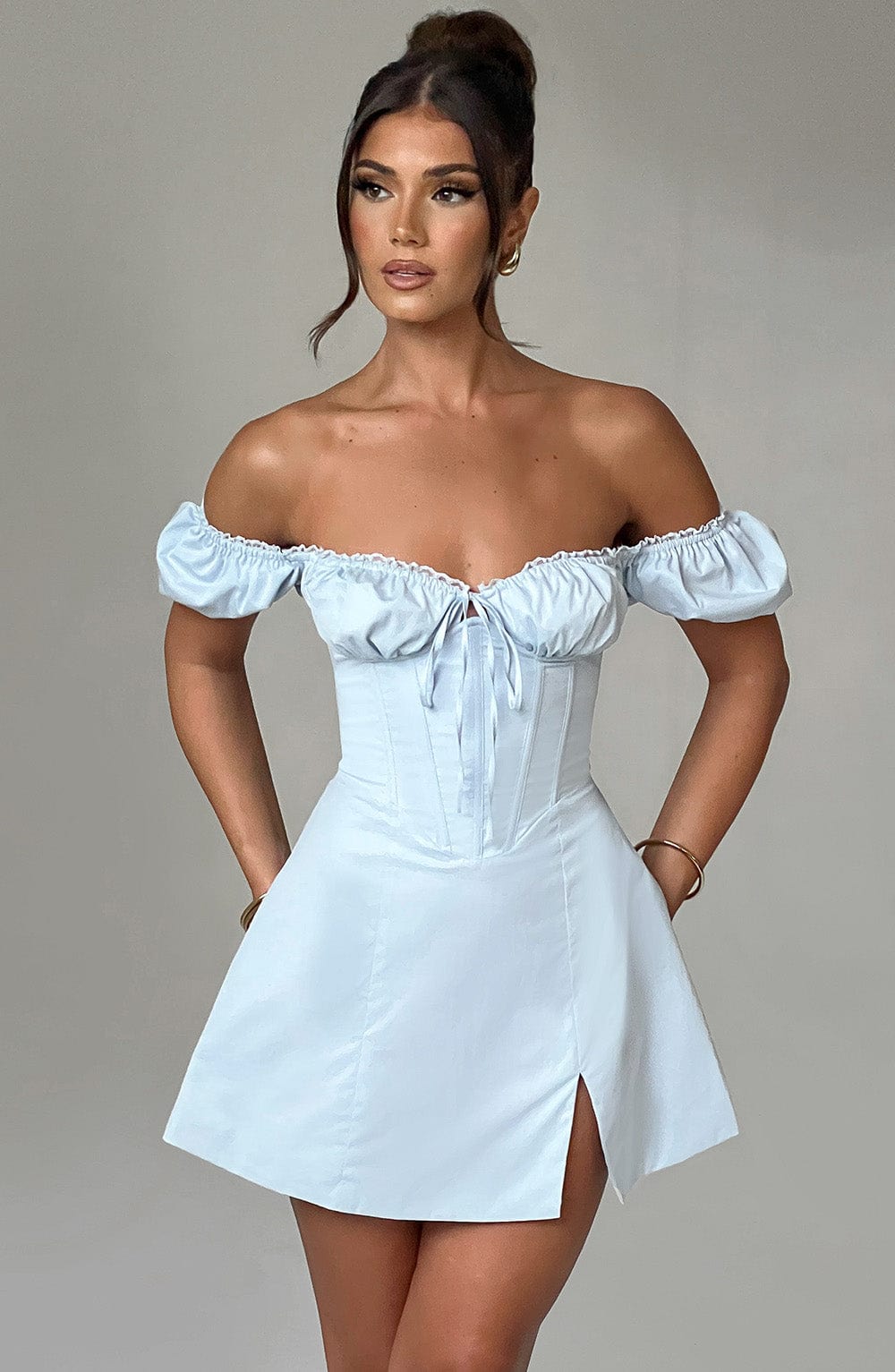 Blue Caitlyn Mini Dress with Puff Sleeves & Lace-Up Back