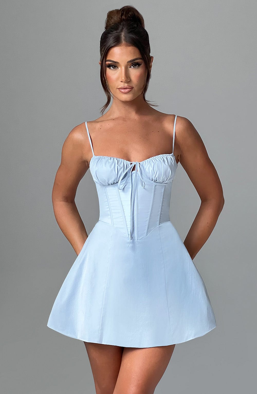 Blue Lace Corset Mini Dress with Adjustable Straps & Lace-Up Back