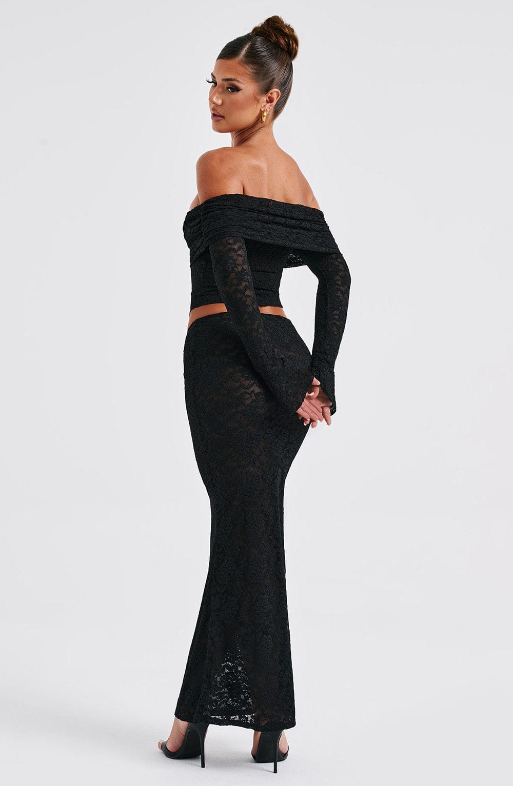 Black Floral Lace Off-Shoulder Top - Blanca Cropped Mesh Lined