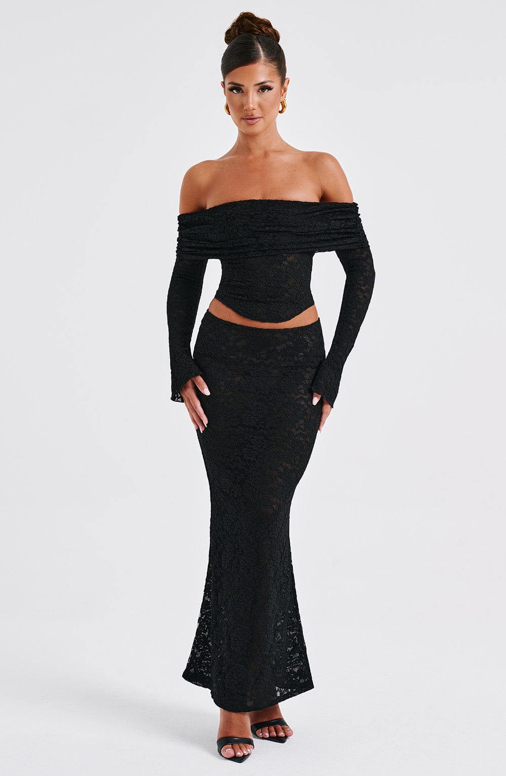 Black Floral Lace Off-Shoulder Top - Blanca Cropped Mesh Lined