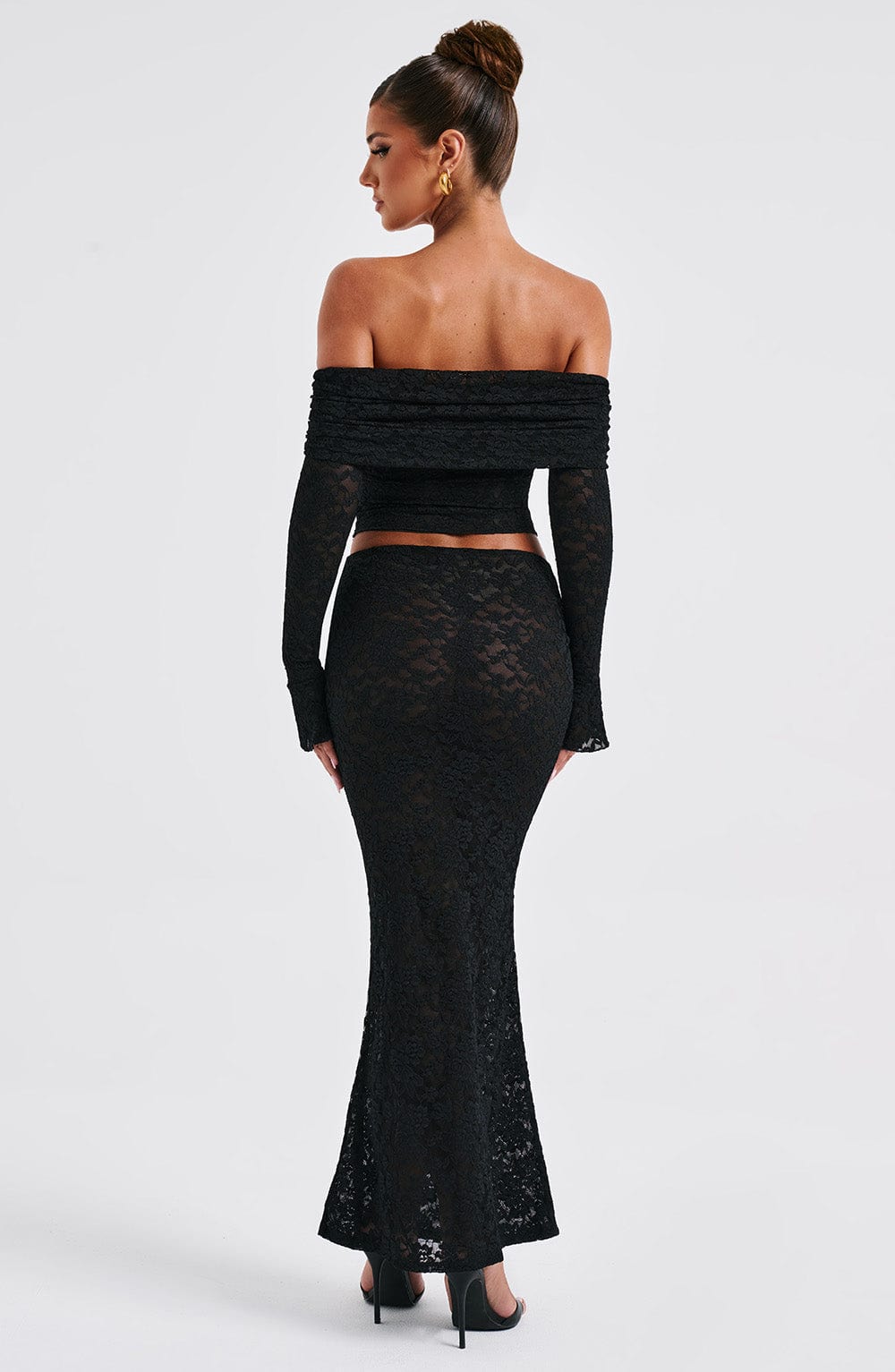 Black Floral Lace Off-Shoulder Top - Blanca Cropped Mesh Lined