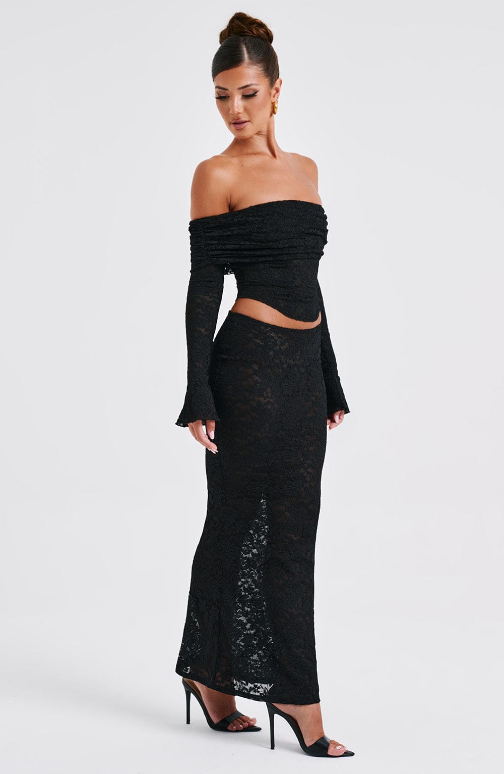 Black Floral Lace Off-Shoulder Top - Blanca Cropped Mesh Lined