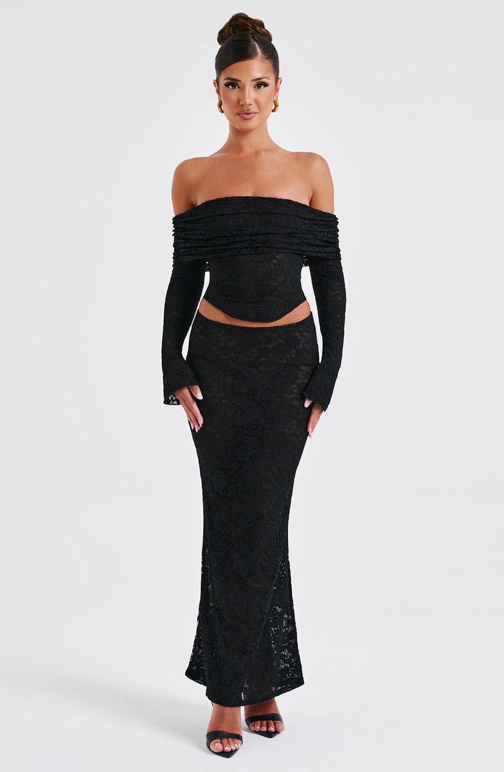 Black Floral Lace Off-Shoulder Top - Blanca Cropped Mesh Lined