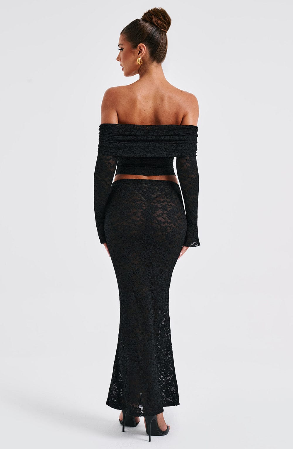 Black Floral Lace Off-Shoulder Top - Blanca Cropped Mesh Lined