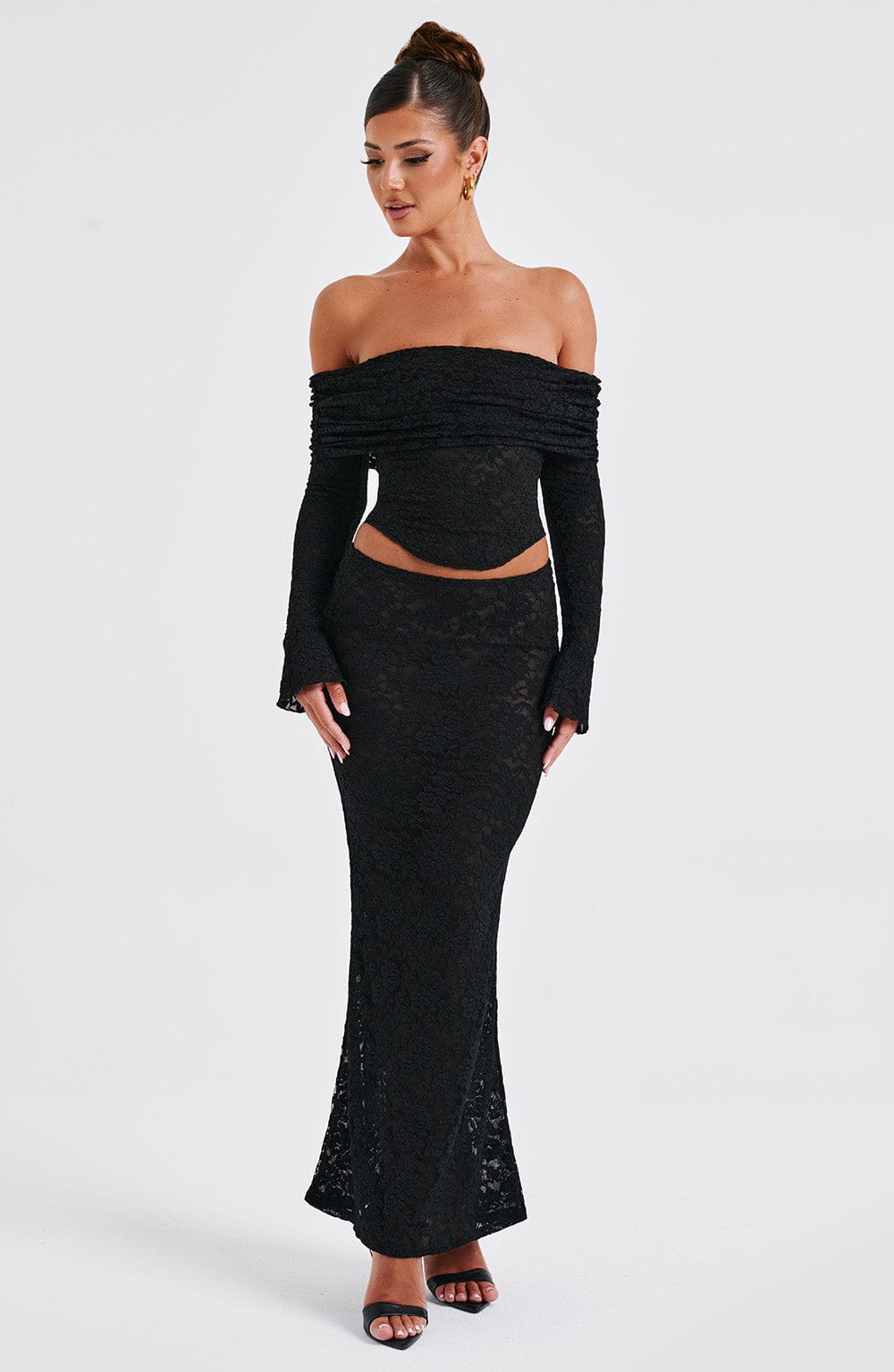 Black Floral Lace Off-Shoulder Top - Blanca Cropped Mesh Lined