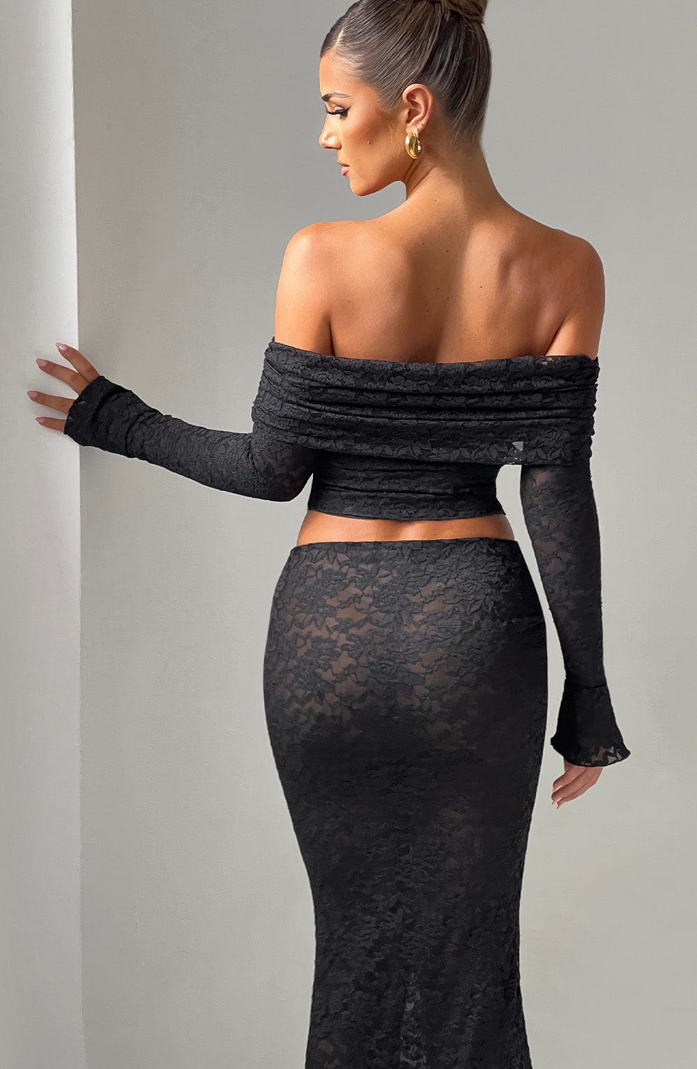 Black Floral Lace Off-Shoulder Top - Blanca Cropped Mesh Lined