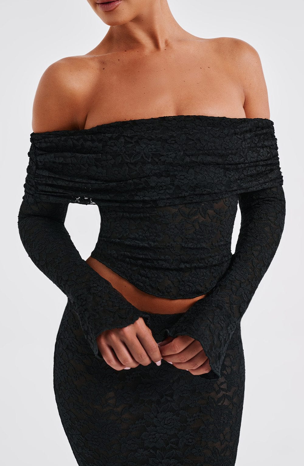 Black Floral Lace Off-Shoulder Top - Blanca Cropped Mesh Lined