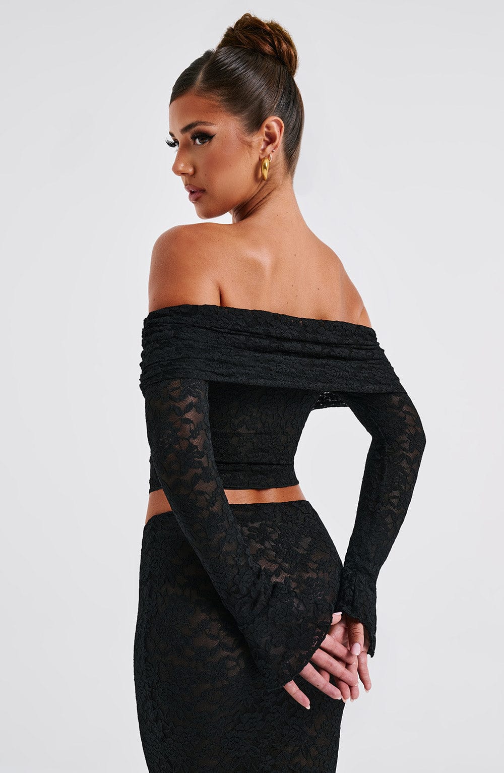 Black Floral Lace Off-Shoulder Top - Blanca Cropped Mesh Lined