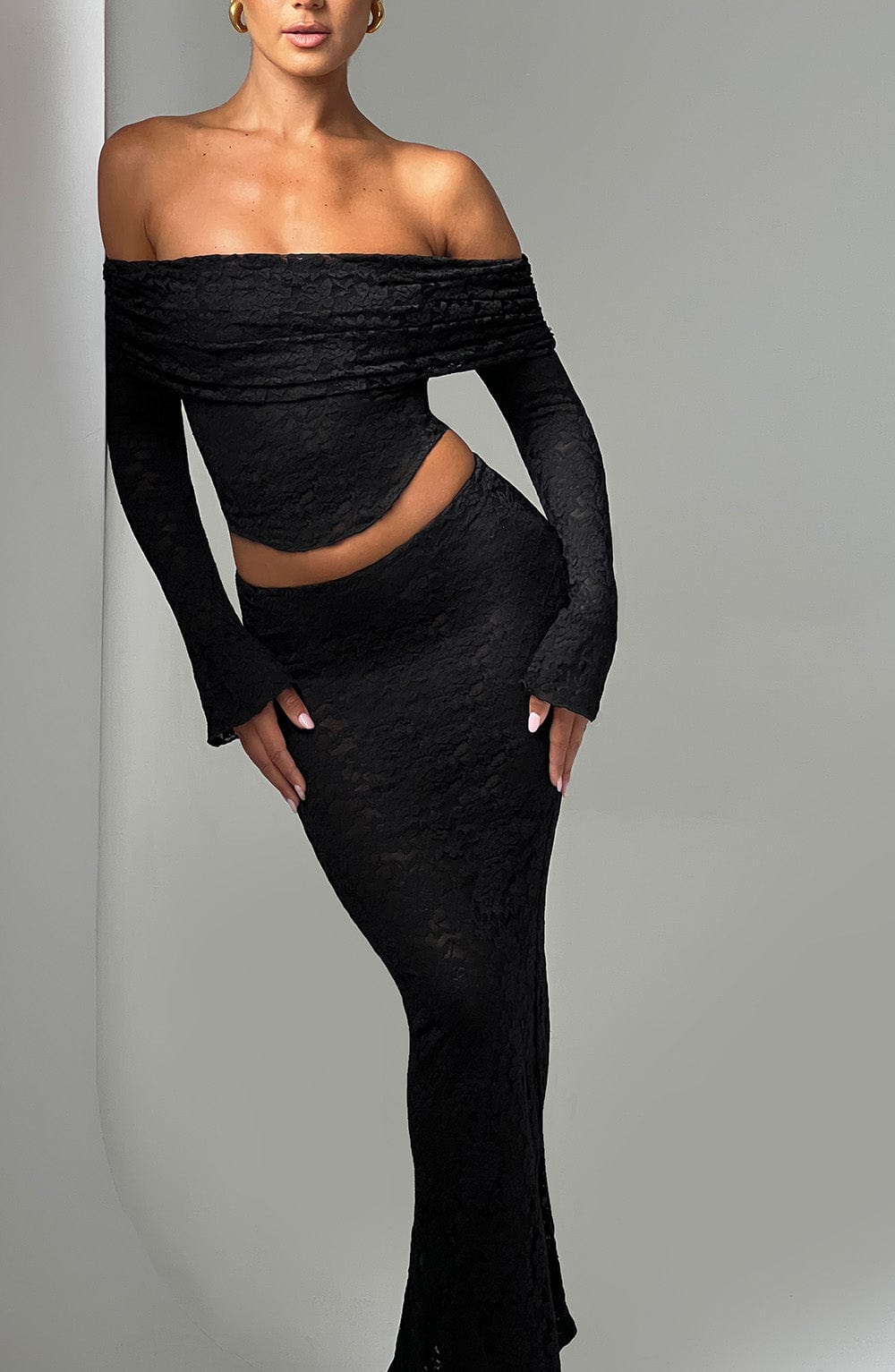Black Floral Lace Off-Shoulder Top - Blanca Cropped Mesh Lined