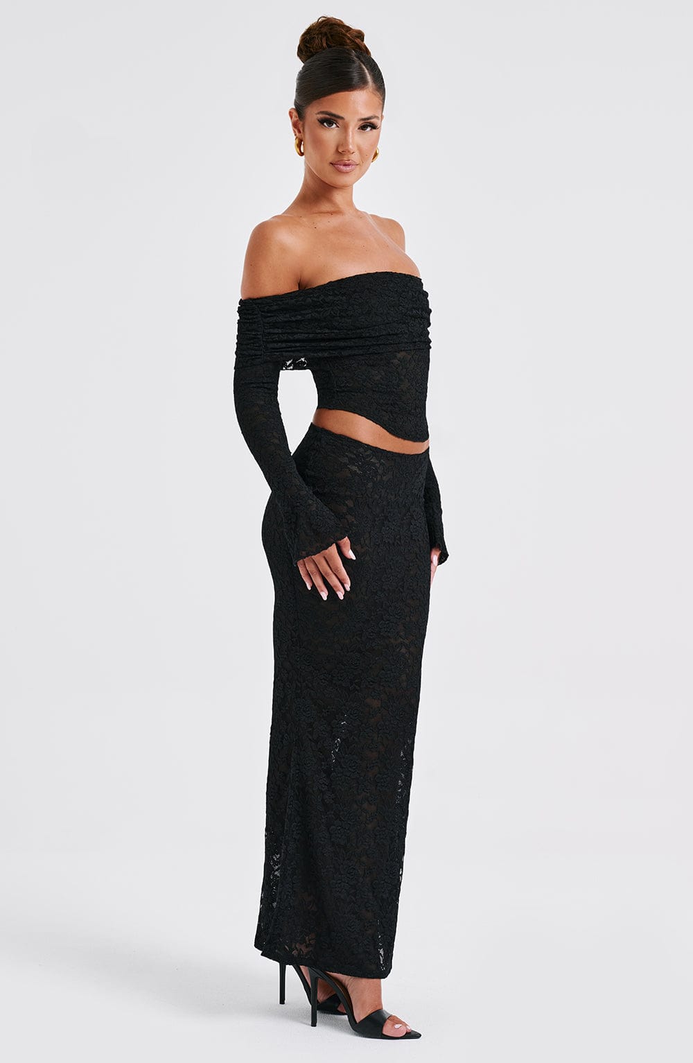 Black Floral Lace Off-Shoulder Top - Blanca Cropped Mesh Lined