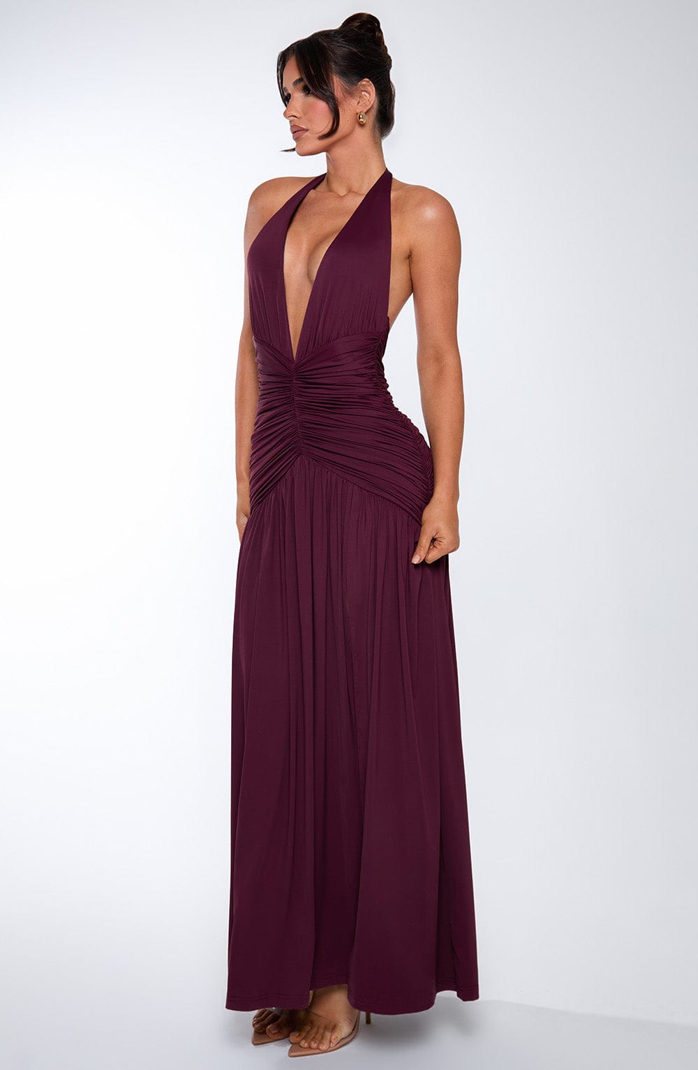 Melania Plunge Halter Maxi Dress with Thigh Split - Cherry Lacquer