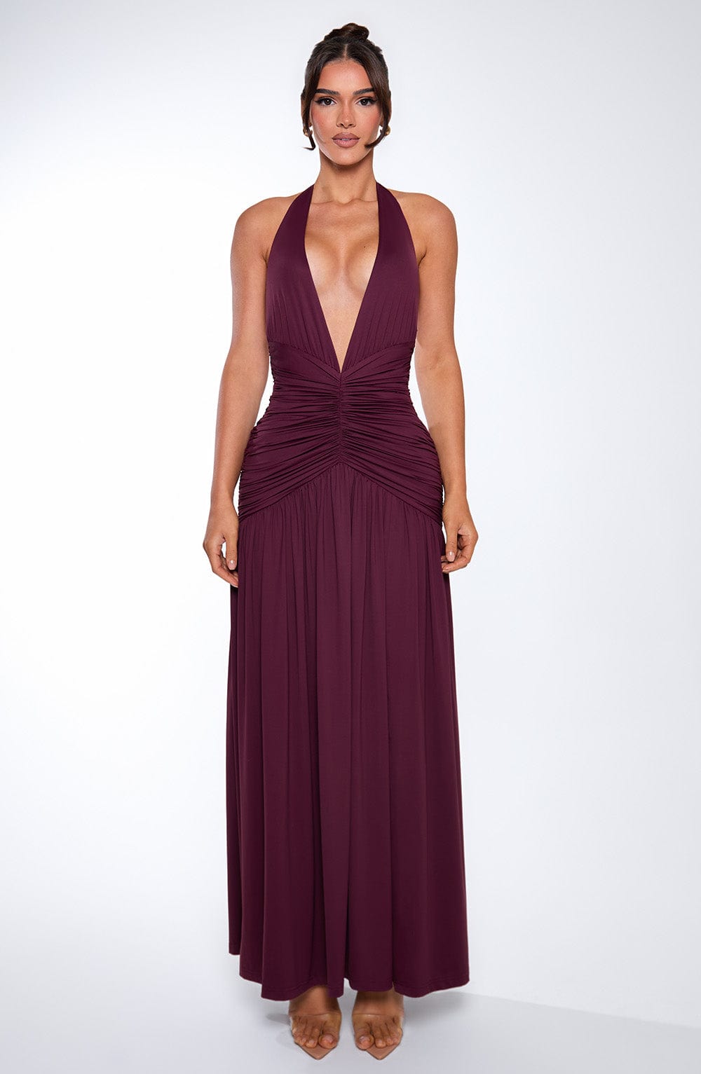 Melania Plunge Halter Maxi Dress with Thigh Split - Cherry Lacquer