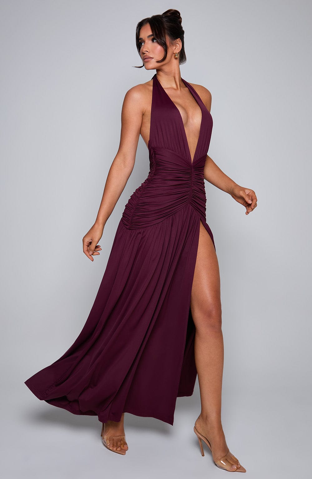 Melania Plunge Halter Maxi Dress with Thigh Split - Cherry Lacquer