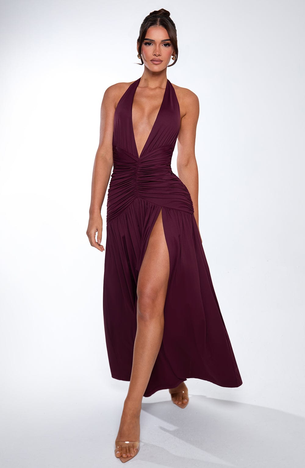 Melania Plunge Halter Maxi Dress with Thigh Split - Cherry Lacquer