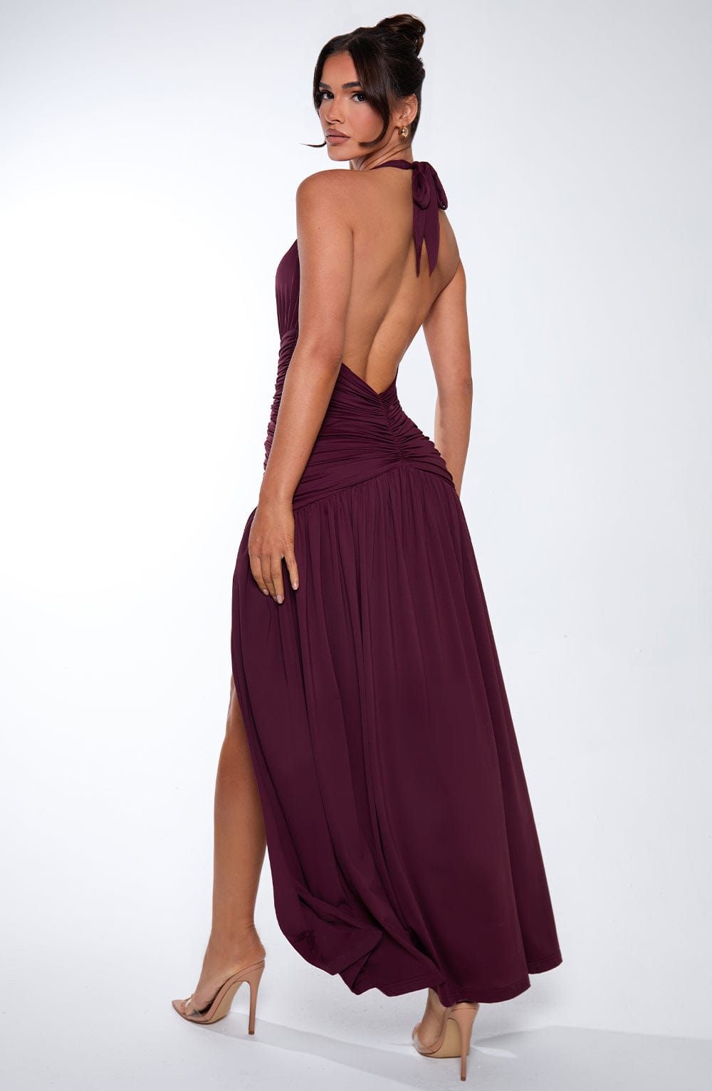 Melania Plunge Halter Maxi Dress with Thigh Split - Cherry Lacquer