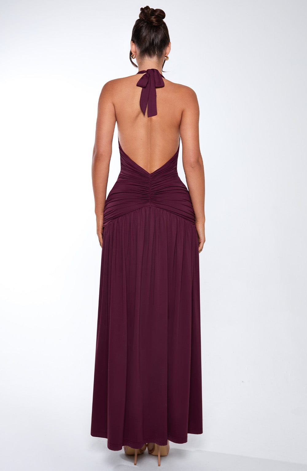 Melania Plunge Halter Maxi Dress with Thigh Split - Cherry Lacquer
