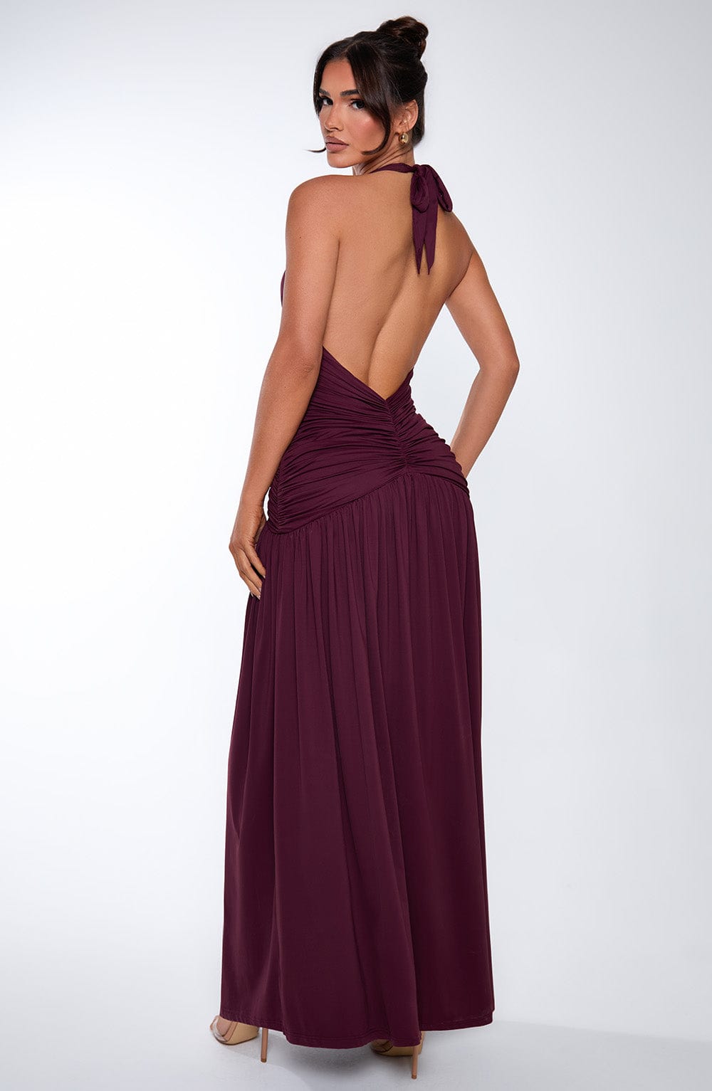 Melania Plunge Halter Maxi Dress with Thigh Split - Cherry Lacquer