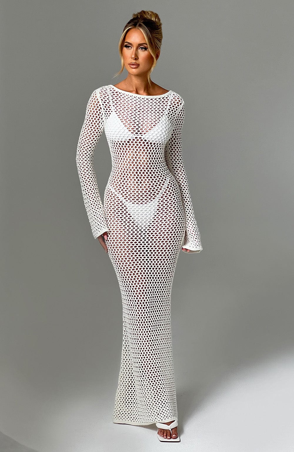 White Sheer Knit Maxi Dress with Low Back & Flared Cuffs - Moana